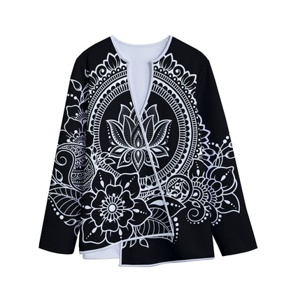 Black And White Lotus Flower Print Long Sleeve Short Coat