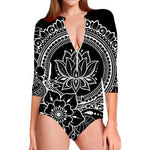 Black And White Lotus Flower Print Long Sleeve Swimsuit