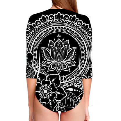 Black And White Lotus Flower Print Long Sleeve Swimsuit