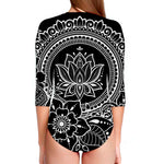 Black And White Lotus Flower Print Long Sleeve Swimsuit