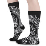 Black And White Lotus Flower Print Long Socks