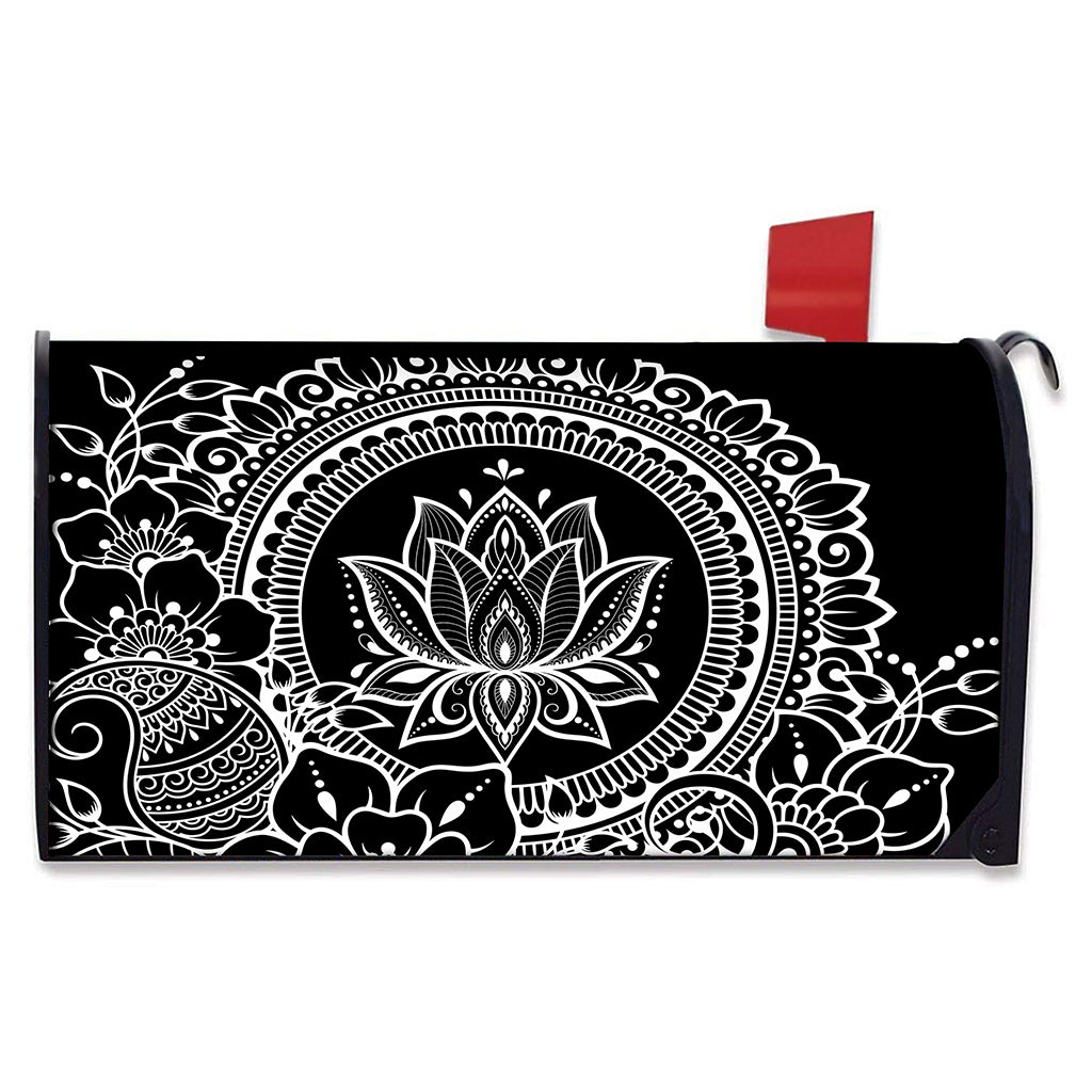 Black And White Lotus Flower Print Mailbox Cover