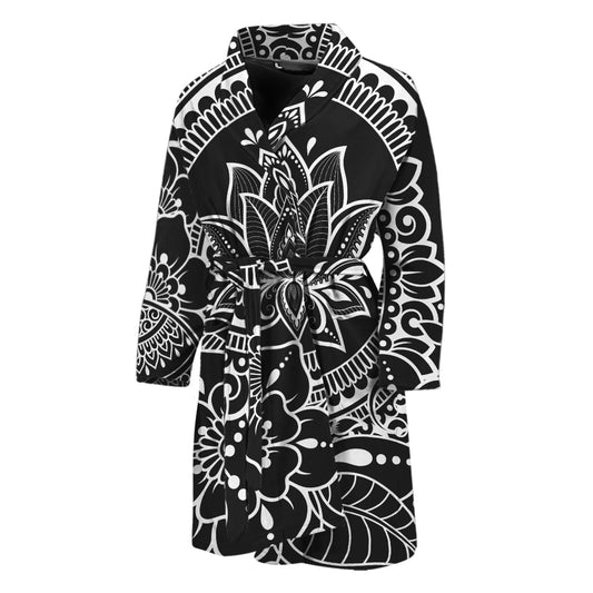 Black And White Lotus Flower Print Men's Bathrobe