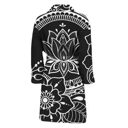 Black And White Lotus Flower Print Men's Bathrobe