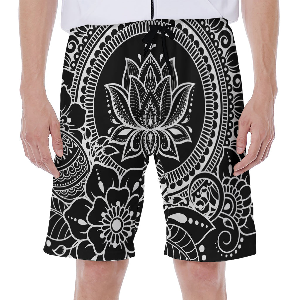 Black And White Lotus Flower Print Men's Beach Shorts