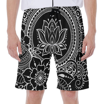 Black And White Lotus Flower Print Men's Beach Shorts