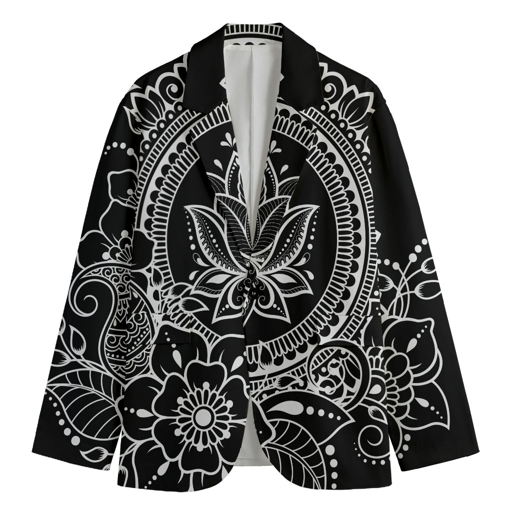 Black And White Lotus Flower Print Men's Blazer