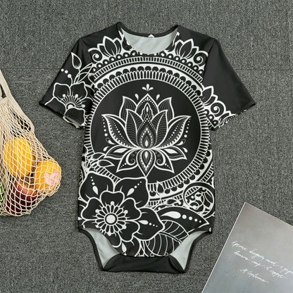 Black And White Lotus Flower Print Men's Bodysuit