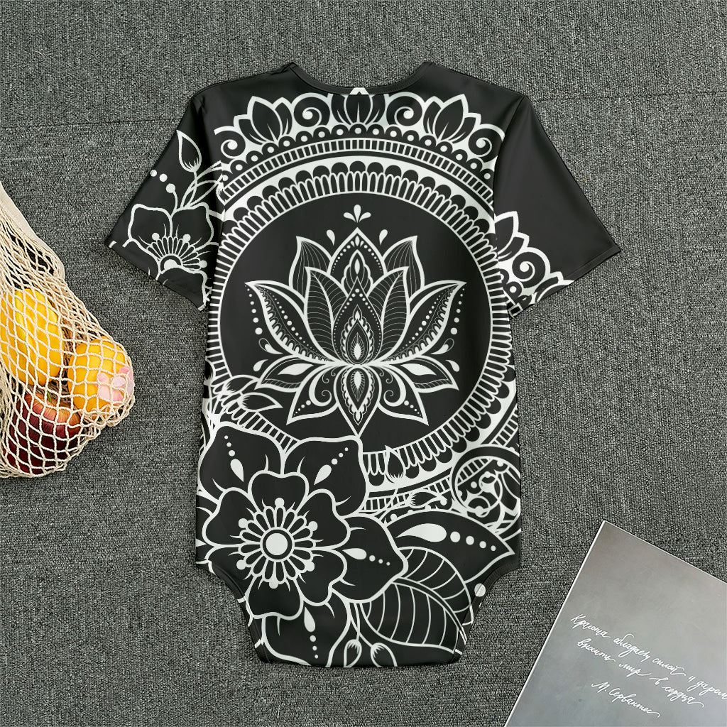 Black And White Lotus Flower Print Men's Bodysuit