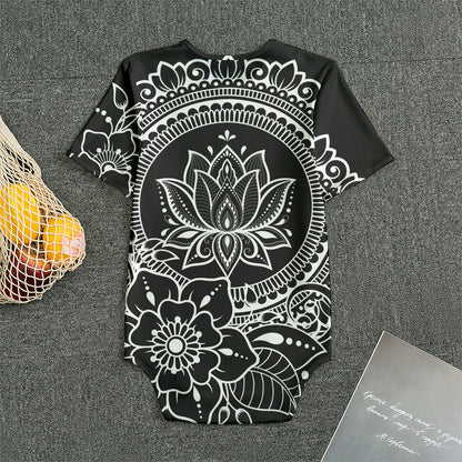 Black And White Lotus Flower Print Men's Bodysuit