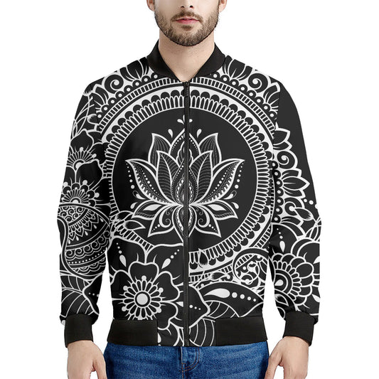 Black And White Lotus Flower Print Men's Bomber Jacket