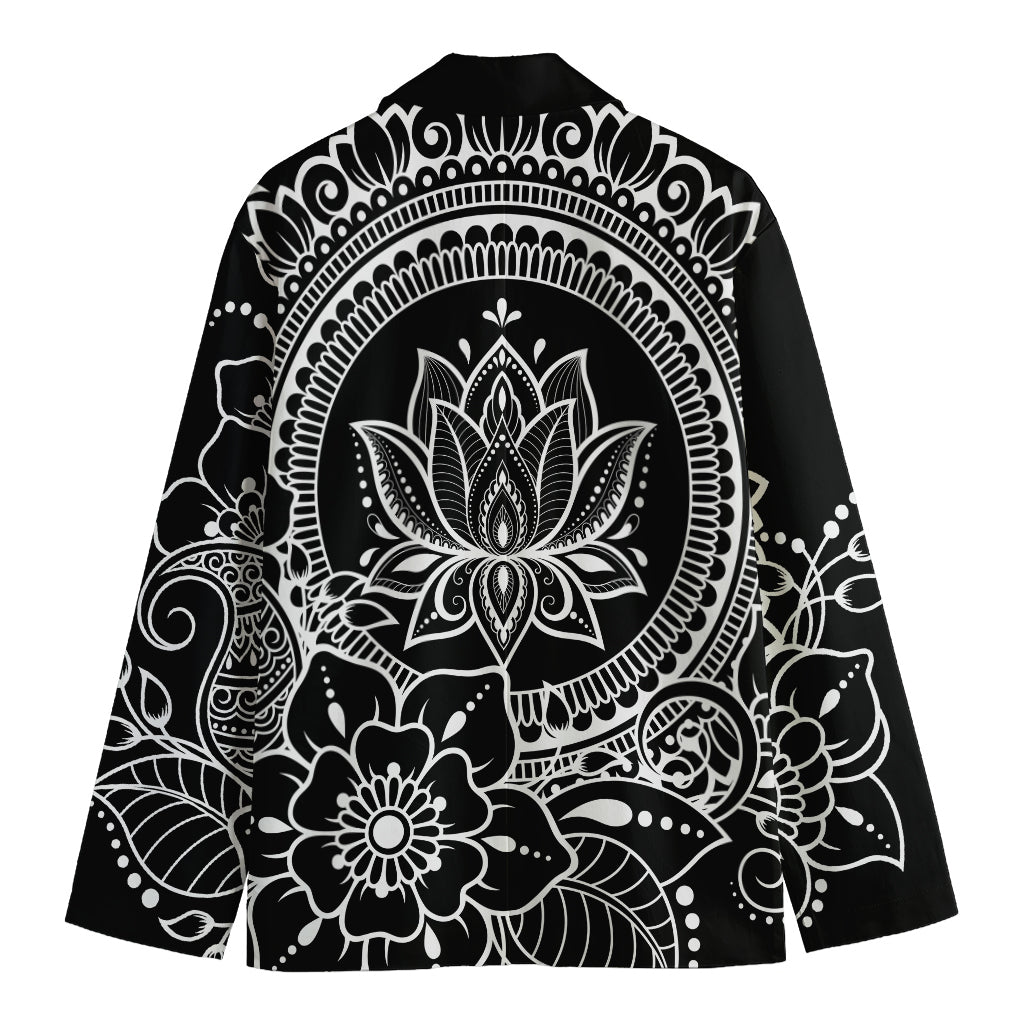 Black And White Lotus Flower Print Men's Cotton Blazer