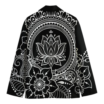 Black And White Lotus Flower Print Men's Cotton Blazer