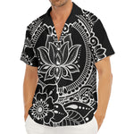 Black And White Lotus Flower Print Men's Deep V-Neck Shirt