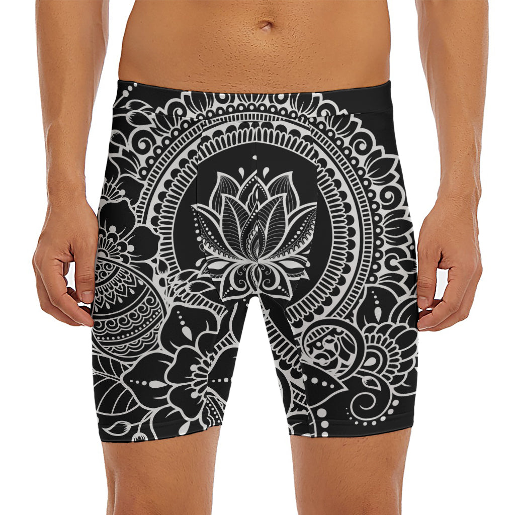 Black And White Lotus Flower Print Men's Long Boxer Briefs
