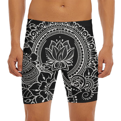 Black And White Lotus Flower Print Men's Long Boxer Briefs