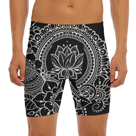 Black And White Lotus Flower Print Men's Long Boxer Briefs