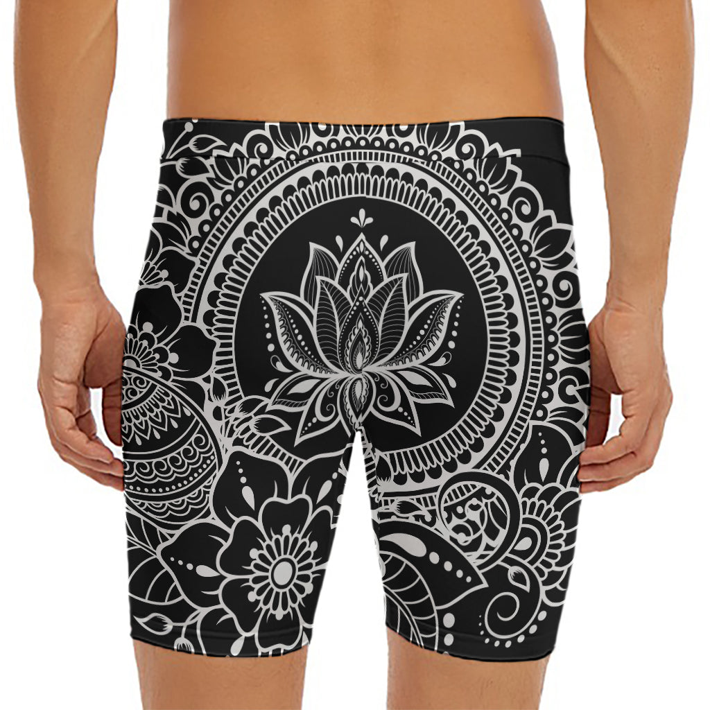 Black And White Lotus Flower Print Men's Long Boxer Briefs