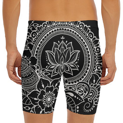 Black And White Lotus Flower Print Men's Long Boxer Briefs