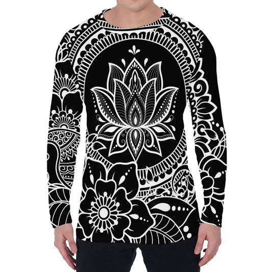 Black And White Lotus Flower Print Men's Long Sleeve T-Shirt