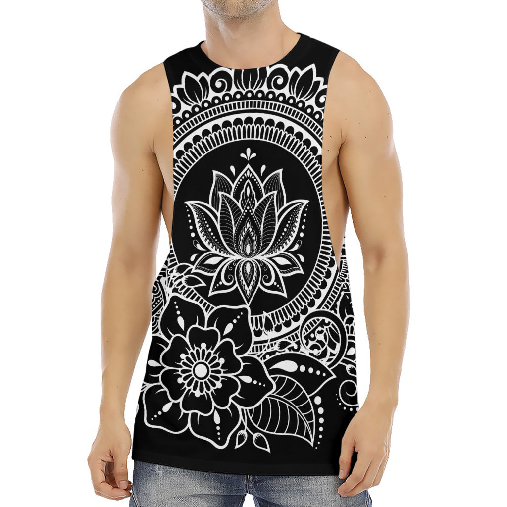 Black And White Lotus Flower Print Men's Muscle Tank Top