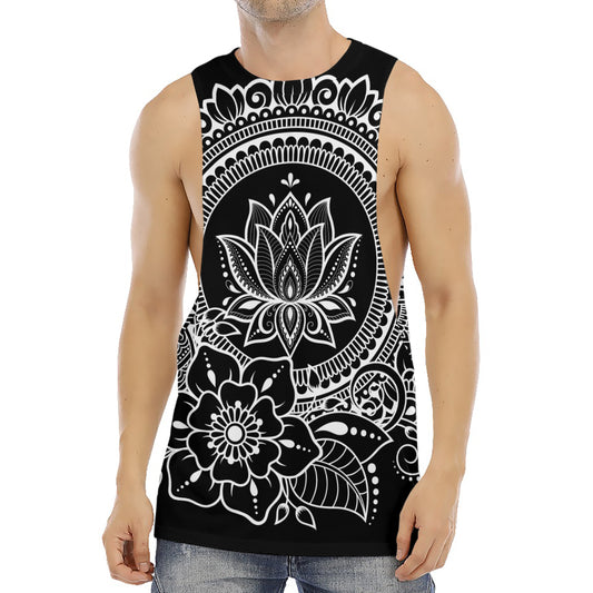 Black And White Lotus Flower Print Men's Muscle Tank Top