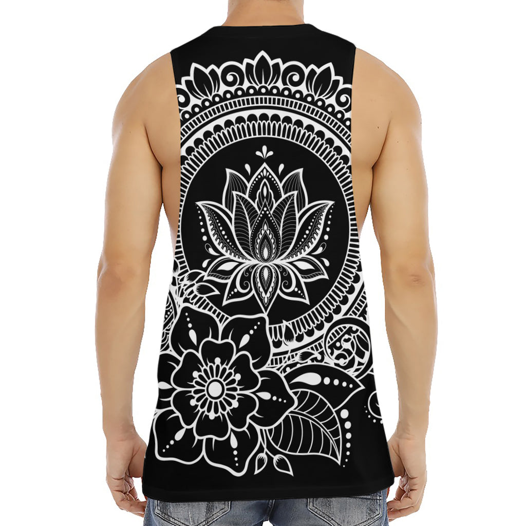 Black And White Lotus Flower Print Men's Muscle Tank Top