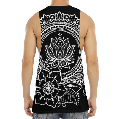 Black And White Lotus Flower Print Men's Muscle Tank Top
