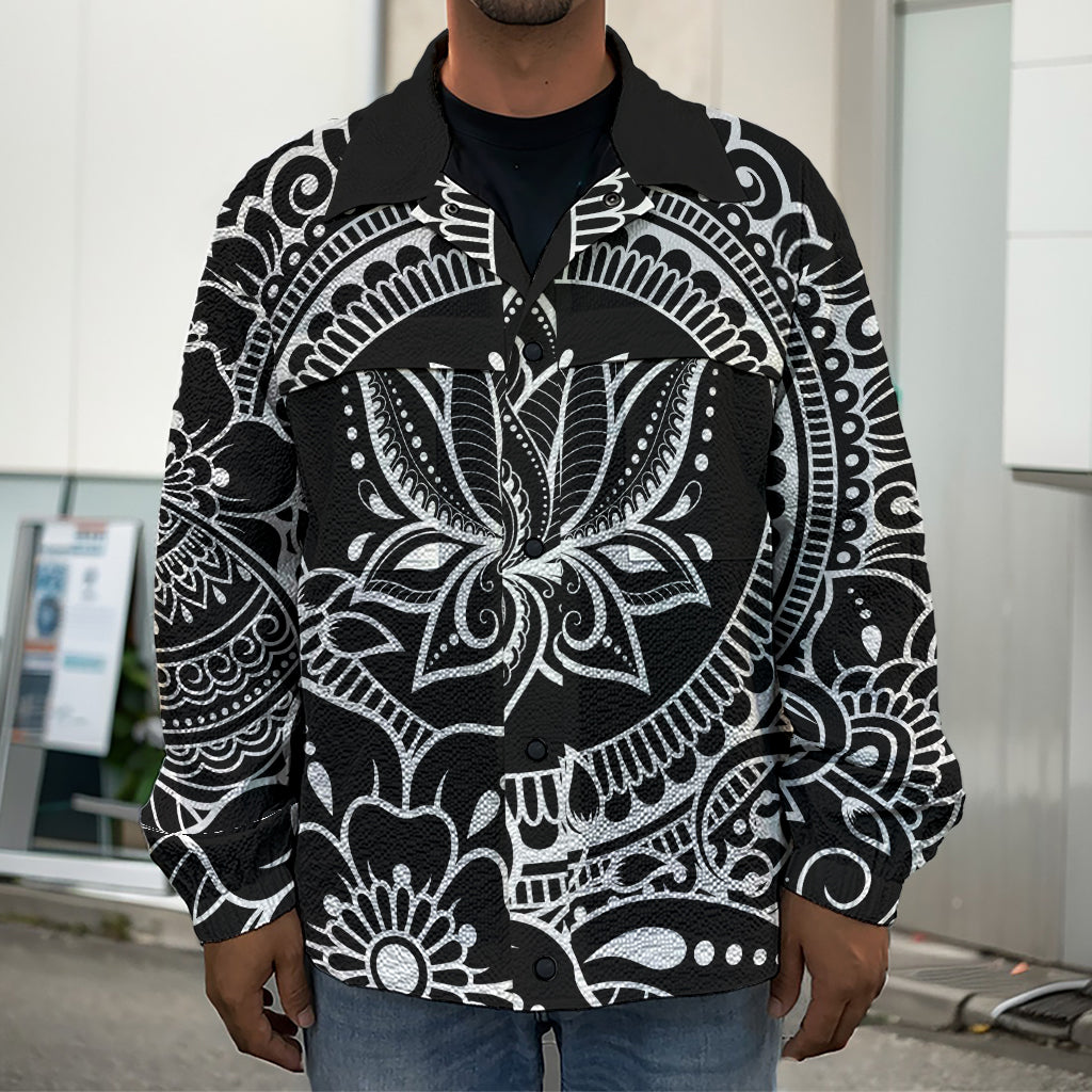 Black And White Lotus Flower Print Men's Shirt Jacket