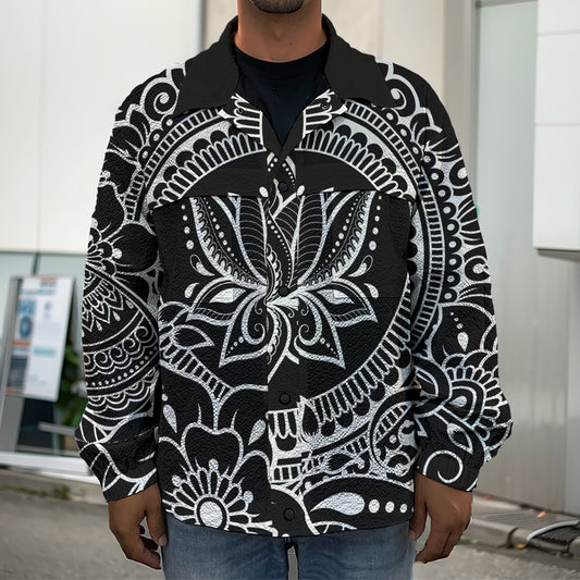 Black And White Lotus Flower Print Men's Shirt Jacket