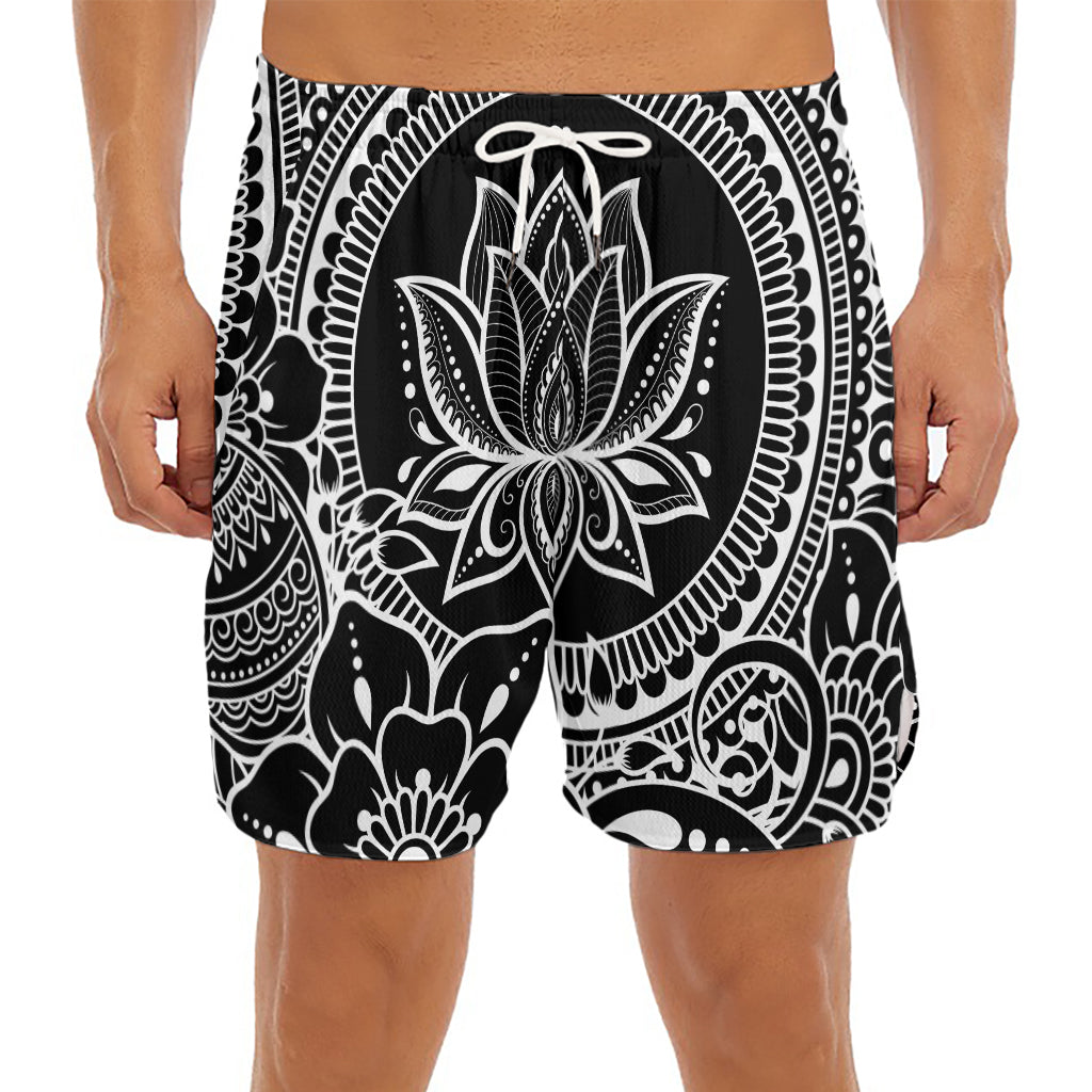 Black And White Lotus Flower Print Men's Split Running Shorts
