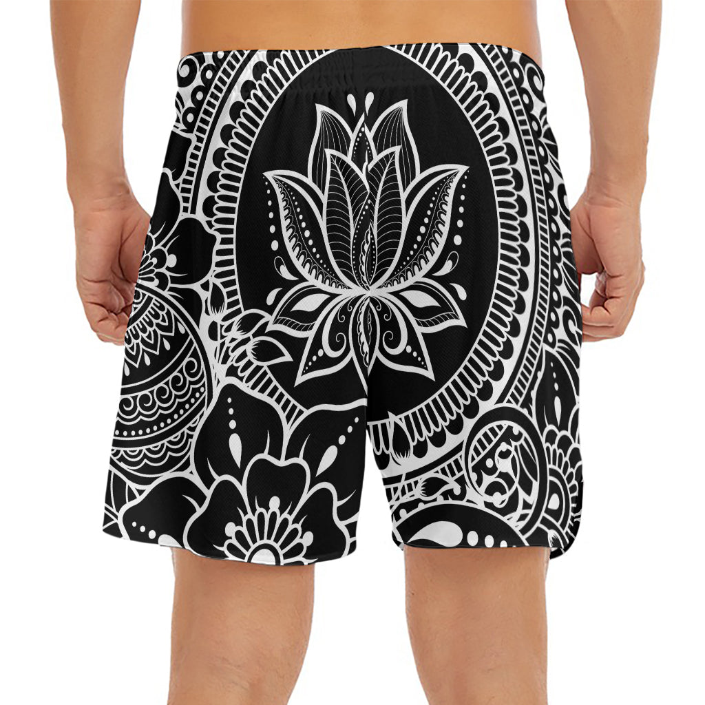 Black And White Lotus Flower Print Men's Split Running Shorts