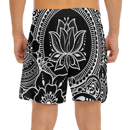 Black And White Lotus Flower Print Men's Split Running Shorts