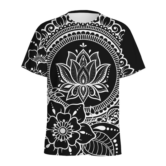 Black And White Lotus Flower Print Men's Sports T-Shirt