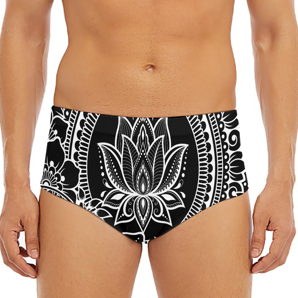 Black And White Lotus Flower Print Men's Triangle Swim Briefs