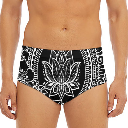 Black And White Lotus Flower Print Men's Triangle Swim Briefs
