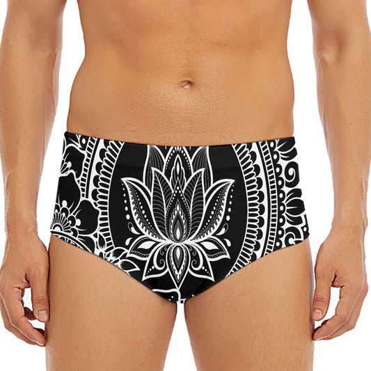 Black And White Lotus Flower Print Men's Triangle Swim Briefs