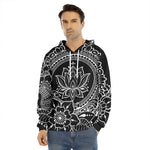 Black And White Lotus Flower Print Men's Velvet Pullover Hoodie