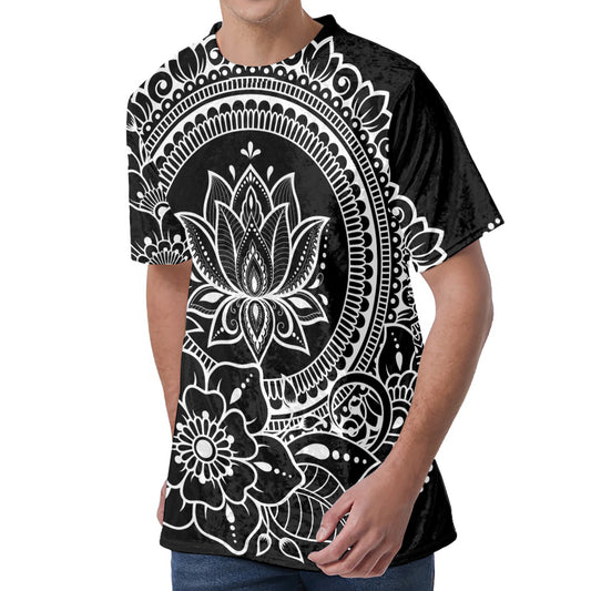 Black And White Lotus Flower Print Men's Velvet T-Shirt