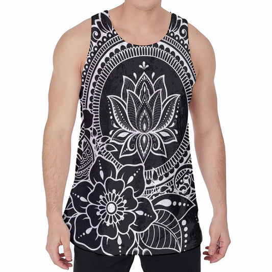Black And White Lotus Flower Print Men's Velvet Tank Top