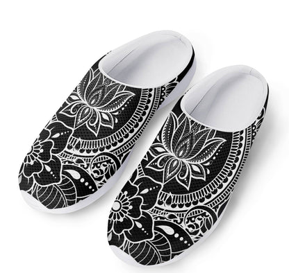 Black And White Lotus Flower Print Mesh Casual Shoes