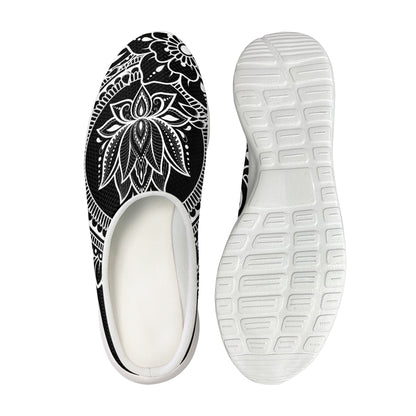 Black And White Lotus Flower Print Mesh Casual Shoes