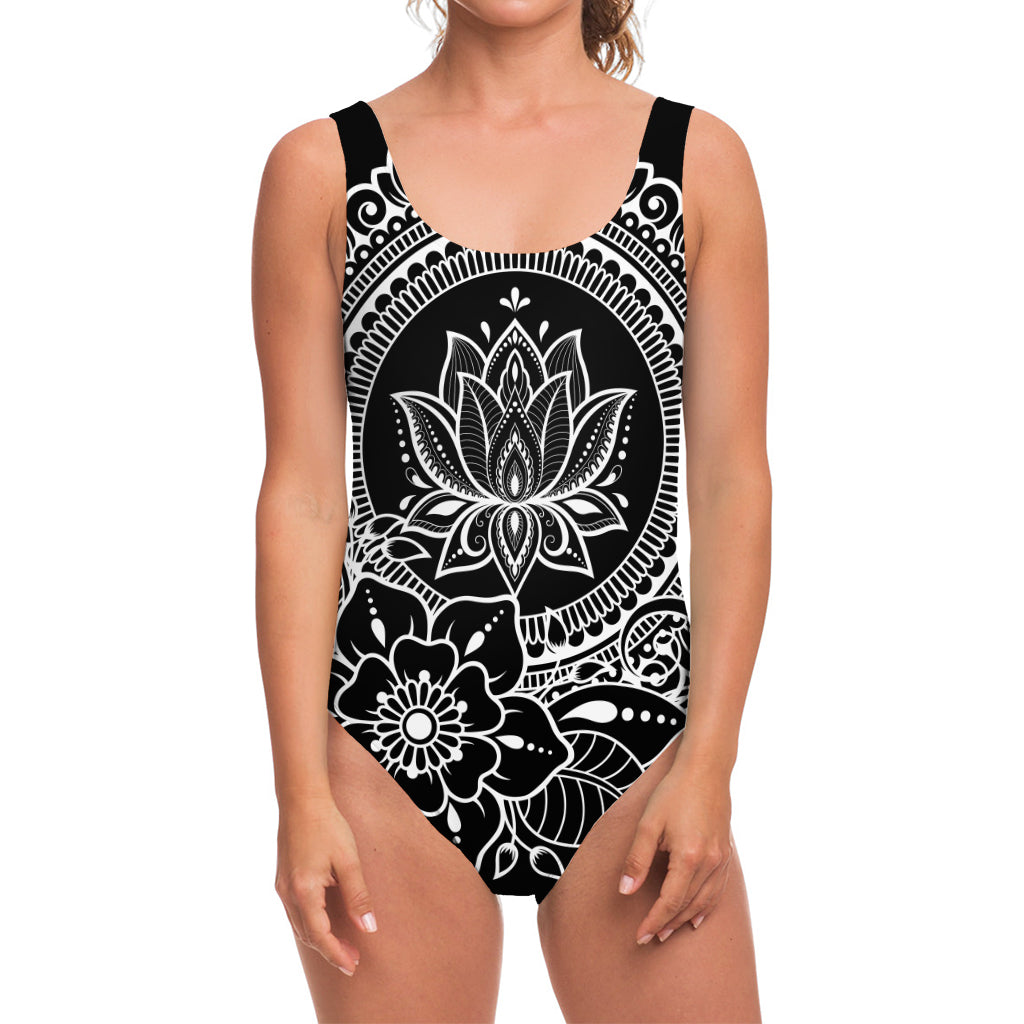 Black And White Lotus Flower Print One Piece Swimsuit