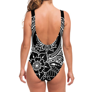 Black And White Lotus Flower Print One Piece Swimsuit