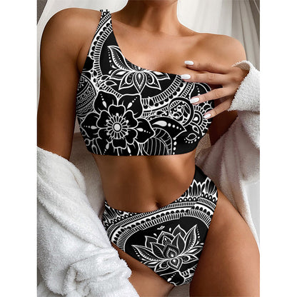 Black And White Lotus Flower Print One Shoulder Bikini Top