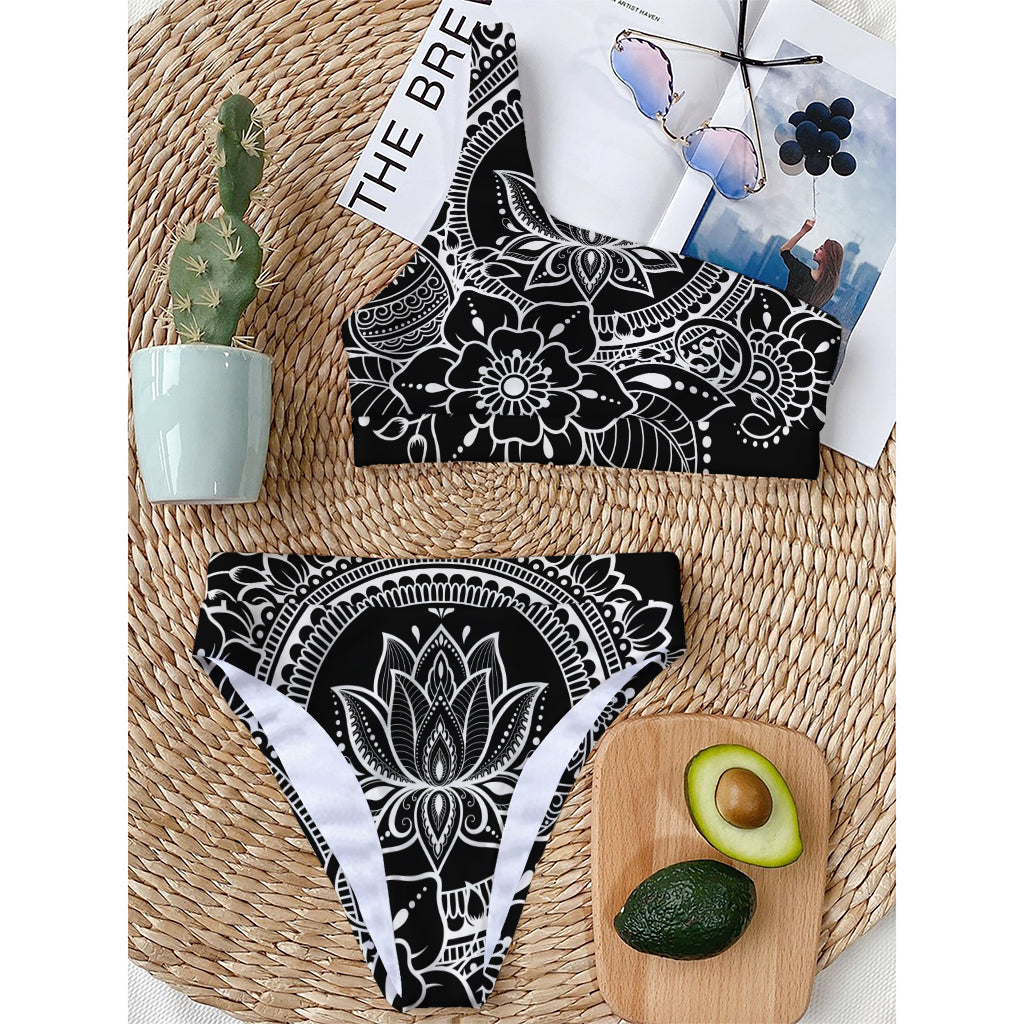 Black And White Lotus Flower Print One Shoulder Bikini Top
