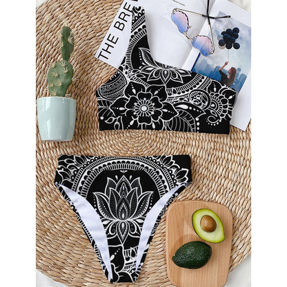 Black And White Lotus Flower Print One Shoulder Bikini Top