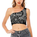 Black And White Lotus Flower Print One Shoulder Crop Top