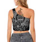 Black And White Lotus Flower Print One Shoulder Crop Top