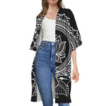 Black And White Lotus Flower Print Open Front Beach Cover Up